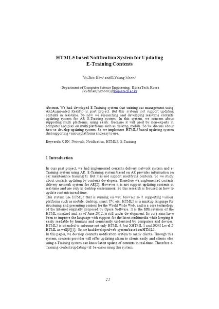 HTML5 based Notification System for Updating E-Training Contents Yu-Doo Kim 1 and Il-Young Moon 1 1 Department of Computer Science Engineering, KoreaTech,