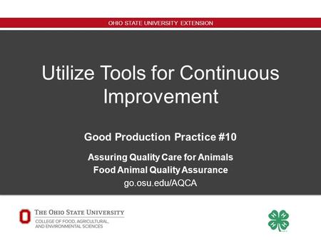 OHIO STATE UNIVERSITY EXTENSION Utilize Tools for Continuous Improvement Good Production Practice #10 Assuring Quality Care for Animals Food Animal Quality.