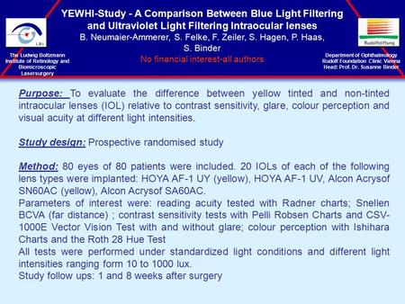 Department of Ophthalmology Rudolf Foundation Clinic Vienna Head: Prof. Dr. Susanne Binder YEWHI-Study - A Comparison Between Blue Light Filtering and.