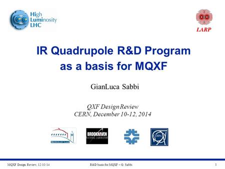 MQXF Design Review, 12/10/14R&D basis for MQXF – G. Sabbi 1 IR Quadrupole R&D Program as a basis for MQXF GianLuca Sabbi QXF Design Review CERN, December.