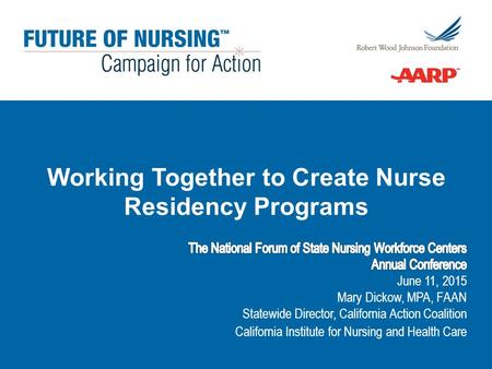 The National Forum of State Nursing Workforce Centers June 11, 2015 Working Together to Create Nurse Residency Programs.