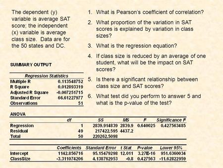 1.What is Pearson’s coefficient of correlation? 2.What proportion of the variation in SAT scores is explained by variation in class sizes? 3.What is the.