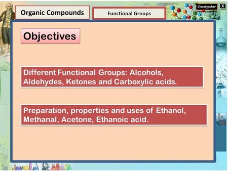 Element Elements and Compounds Functional Groups Organic Compounds Compounds A compound is a substance composed of two or more elements, chemically combined.