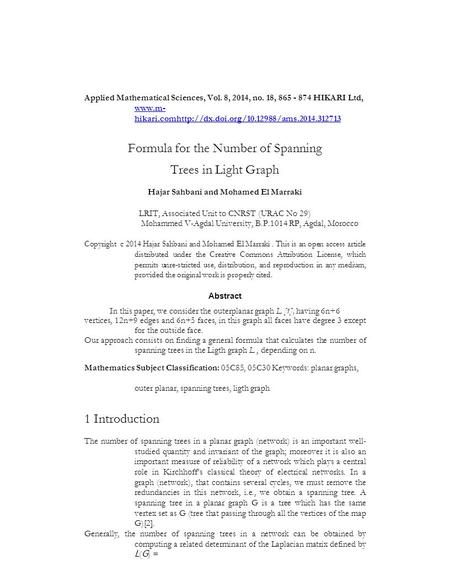 Applied Mathematical Sciences, Vol. 8, 2014, no. 18, 865 - 874 HIKARI Ltd,  hikari.comhttp://dx.doi.org/10.12988/ams.2014.312713 Formula for the.