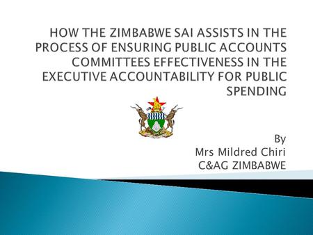 By Mrs Mildred Chiri C&AG ZIMBABWE.  VISION  To be the Audit nerve center by 2020.  MISSION STATEMENT  To examine, audit and report on the public.