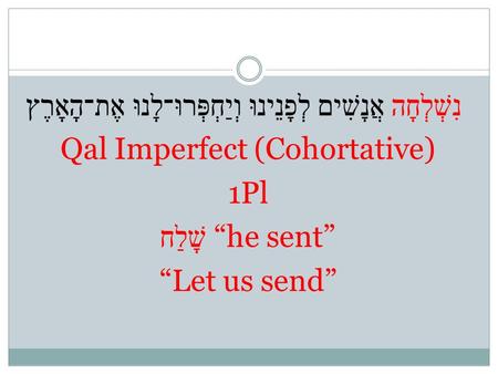 נִשְׁלְחָה אֲנָשִׁים לְפָנֵינוּ וְיַחְפְּרוּ־לָנוּ אֶת־הָאָרֶץ Qal Imperfect (Cohortative) 1Pl שָׁלַח “he sent” “Let us send”