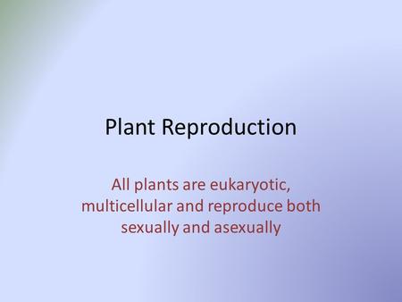 Plant Reproduction All plants are eukaryotic, multicellular and reproduce both sexually and asexually.