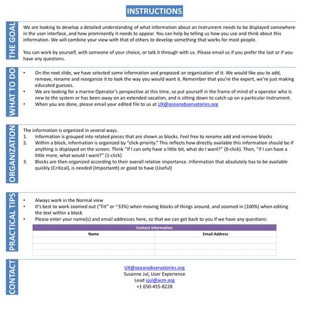 INSTRUCTIONS We are looking to develop a detailed understanding of what information about an Instrument needs to be displayed somewhere in the user interface,