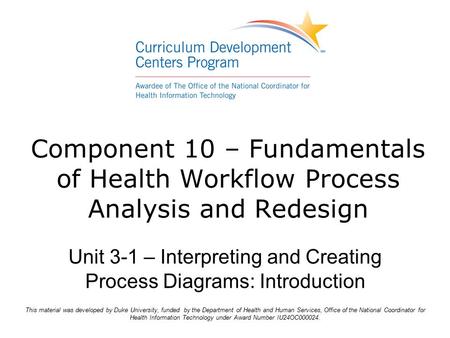 Component 10 – Fundamentals of Health Workflow Process Analysis and Redesign Unit 3-1 – Interpreting and Creating Process Diagrams: Introduction This material.