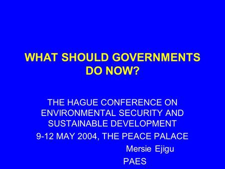 THE HAGUE CONFERENCE ON ENVIRONMENTAL SECURITY AND SUSTAINABLE DEVELOPMENT 9-12 MAY 2004, THE PEACE PALACE Mersie Ejigu PAES WHAT SHOULD GOVERNMENTS DO.