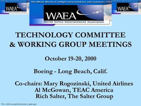 WAEA Technology Committee Oct. 19-20, 2000 - Long Beach, CA File: rich/tc-socal/introduction_salter.ppt TECHNOLOGY COMMITTEE & WORKING GROUP MEETINGS October.