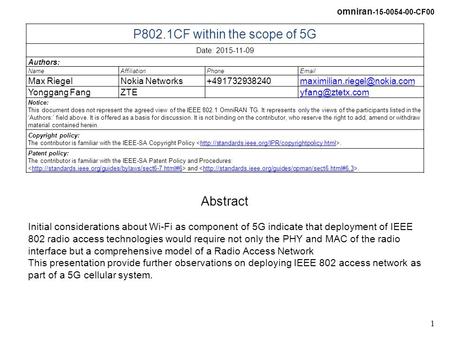 P802.1CF within the scope of 5G