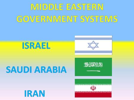 ISRAEL GOVERNMENT TYPE: Parliamentary Democracy LEADER(S): President & Prime Minister -President is head of state (has a ceremonial position similar.