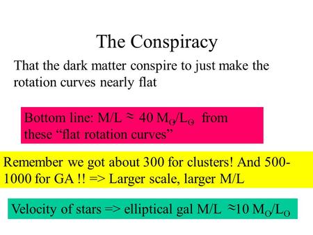 The Conspiracy That the dark matter conspire to just make the rotation curves nearly flat Bottom line: M/L 40 M O /L O from these “flat rotation curves”..