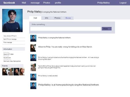 Facebook Philip Malloy is singing the National Anthem. WallmessagePhotosprofilePhilip MalloyLogout View photos of Philip(1) Send Philip a message Poke.