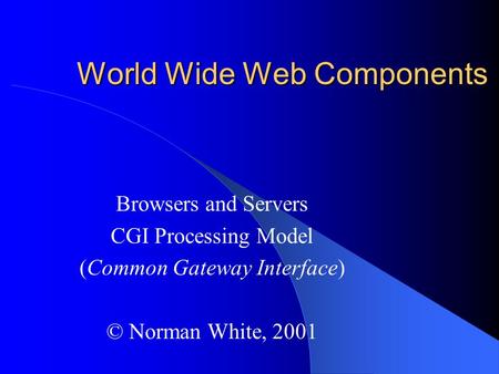 World Wide Web Components Browsers and Servers CGI Processing Model (Common Gateway Interface) © Norman White, 2001.