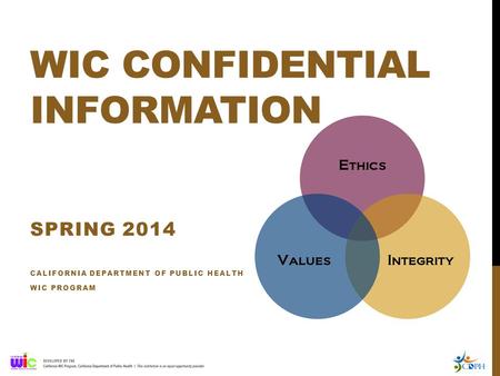 WIC CONFIDENTIAL INFORMATION SPRING 2014 CALIFORNIA DEPARTMENT OF PUBLIC HEALTH WIC PROGRAM.