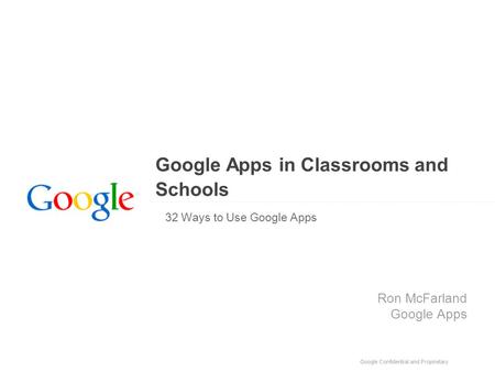 Google Apps in Classrooms and Schools 32 Ways to Use Google Apps Ron McFarland Google Apps.