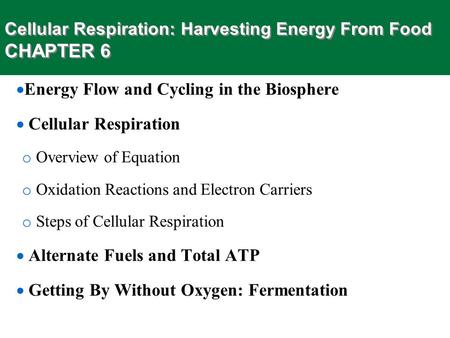 Cellular Respiration: Harvesting Energy From Food CHAPTER 6  Energy Flow and Cycling in the Biosphere  Cellular Respiration o Overview of Equation o.