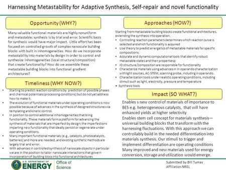 Submitted by Bill Tumas Affiliation NREL Harnessing Metastability for Adaptive Synthesis, Self-repair and novel functionality Opportunity (WHY?) Impact.