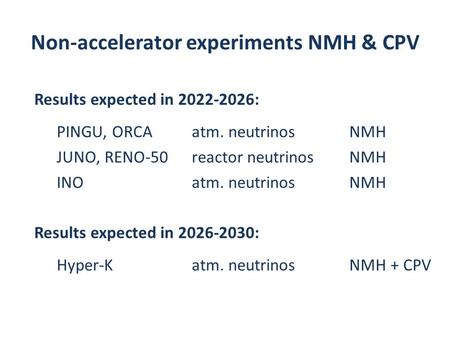 Non-accelerator experiments NMH & CPV Results expected in 2022-2026: PINGU, ORCA atm. neutrinosNMH JUNO, RENO-50reactor neutrinosNMH INO atm. neutrinosNMH.