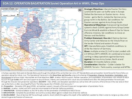 EOA 12: OPERATION BAGATRATION Soviet Operation Art in WWII, Deep Ops Strategic Objectives: Liberate Russian Territory Land Grab for post war buffer zone.