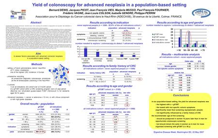 Yield of colonoscopy for advanced neoplasia in a population-based setting Bernard DENIS, Jacques PICOT, Jean François VIES, Marjorie MUSSO, Paul François.