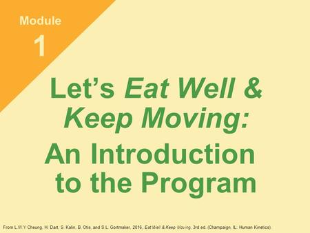 Let’s Eat Well & Keep Moving: An Introduction to the Program Module 1 From L.W.Y Cheung, H. Dart, S. Kalin, B. Otis, and S.L. Gortmaker, 2016, Eat Well.