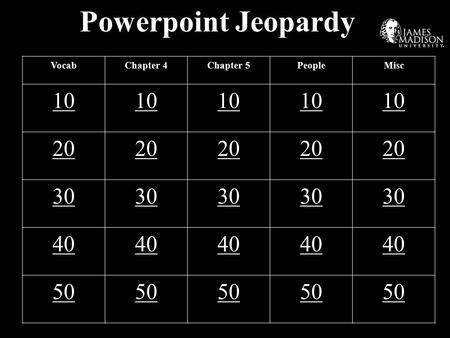 Powerpoint Jeopardy VocabChapter 4Chapter 5PeopleMisc 10 20 30 40 50.