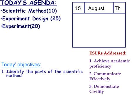 TODAY’S AGENDA: Scientific Method(10) Experiment Design (25) Experiment(20) 15AugustTh Today’ objectives: 1.Identify the parts of the scientific method.