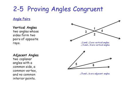 2-5 Proving Angles Congruent Angle Pairs Vertical Angles two angles whose sides form two pairs of opposite rays. 1 2 3 4 Adjacent Angles two coplanar angles.