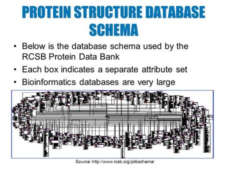 Below is the database schema used by the RCSB Protein Data Bank Each box indicates a separate attribute set Bioinformatics databases are very large PROTEIN.