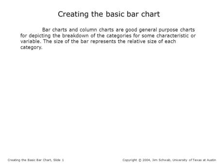 Creating the basic bar chart Creating the Basic Bar Chart, Slide 1Copyright © 2004, Jim Schwab, University of Texas at Austin Bar charts and column charts.