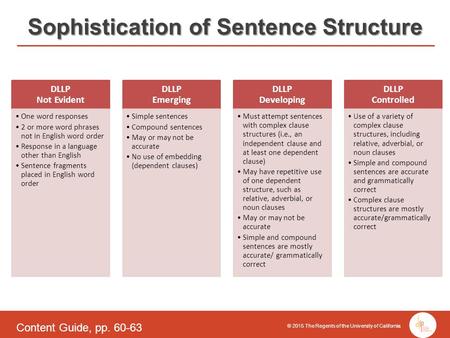 © 2015 The Regents of the University of California Sophistication of Sentence Structure DLLP Not Evident One word responses 2 or more word phrases not.