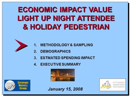 January 15, 2008 ECONOMIC IMPACT VALUE LIGHT UP NIGHT ATTENDEE & HOLIDAY PEDESTRIAN ECONOMIC IMPACT VALUE LIGHT UP NIGHT ATTENDEE & HOLIDAY PEDESTRIAN.