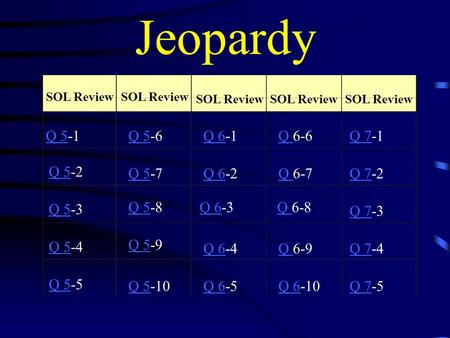 Jeopardy SOL Review Q 5Q 5-1 Q 5Q 5-2 Q 5Q 5-3 Q 5Q 5-4 Q 5Q 5-5 Q 5Q 5-6Q Q 6-6Q 6Q 6-1Q 7Q 7-1 Q 5Q 5-7Q 6Q 6-2Q Q 6-7Q 7Q 7-2 Q 5Q 5-8Q 6Q 6-3Q Q 6-8.