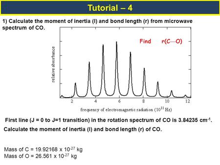 Tutorial – 4 1) Calculate the moment of inertia (I) and bond length (r) from microwave spectrum of CO. First line (J = 0 to J=1 transition) in the rotation.