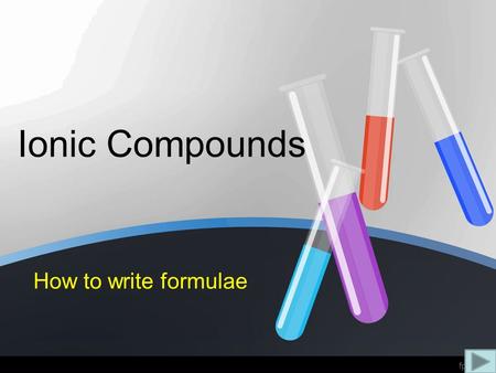 Ionic Compounds How to write formulae. Writing a formula: 1.Use the “table of ions” to find the charges 2.Write the positive ion first, then the negative.