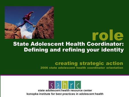 State adolescent health resource center konopka institute for best practices in adolescent health State Adolescent Health Coordinator: Defining and refining.