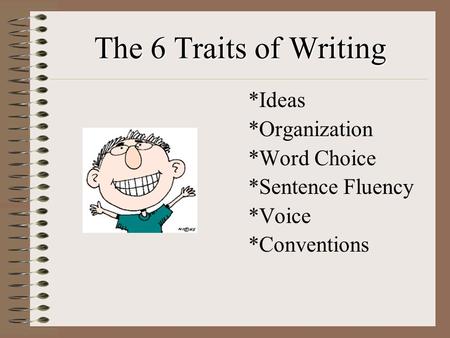 The 6 Traits of Writing *Ideas *Organization *Word Choice *Sentence Fluency *Voice *Conventions.