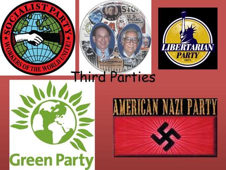 Third Parties. The Third Party A third party is any political party other than the two major parties. – You can have hundreds of third parties in theory.