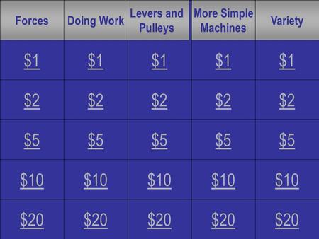 $1 $2 $5 $10 $20 $1 $2 $5 $10 $20 $1 $2 $5 $10 $20 $1 $2 $5 $10 $20 $1 $2 $5 $10 $20 ForcesDoing Work Levers and Pulleys More Simple Machines Variety.