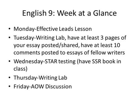 English 9: Week at a Glance Monday-Effective Leads Lesson Tuesday-Writing Lab, have at least 3 pages of your essay posted/shared, have at least 10 comments.