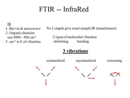 FTIR -- InfraRed IR 1. Bet vis & microwave 2. Organic chemists use 4000 - 400 cm -1 3. cm -1  E of vibration No 2 cmpds give exact sample IR (enantimoers)