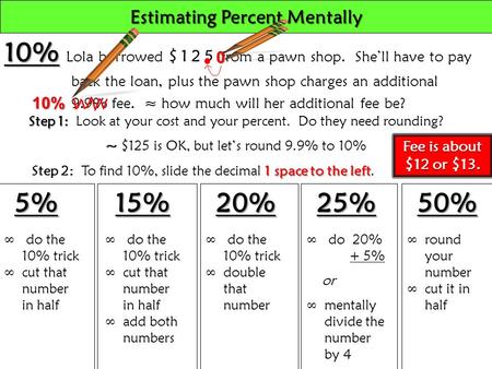 Estimating Percent Mentally 10% 10% Lola borrowed $125 from a pawn shop. She’ll have to pay back the loan, plus the pawn shop charges an additional 9.9%