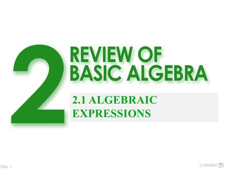 Slide: 1 2.1 ALGEBRAIC EXPRESSIONS. Slide: 2 Algebra is a branch of mathematics that is used to analyze and solve day-to-day business and finance problems.