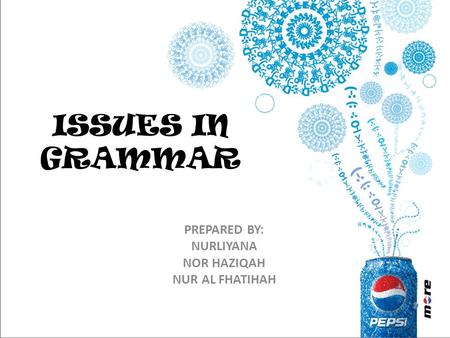 ISSUES IN GRAMMAR PREPARED BY: NURLIYANA NOR HAZIQAH NUR AL FHATIHAH.