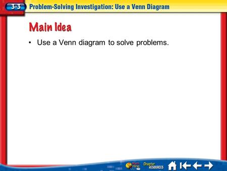 Lesson 3-3 Ideas/Vocabulary Use a Venn diagram to solve problems.