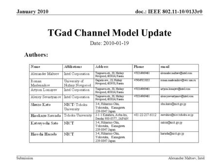 Doc.: IEEE 802.11-10/0133r0 Submission January 2010 Alexander Maltsev, Intel TGad Channel Model Update Authors: Date: 2010-01-19.