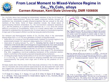 From Local Moment to Mixed-Valence Regime in Ce 1−x Yb x CoIn 5 alloys Carmen Almasan, Kent State University, DMR 1006606 Ce 1−x Yb x CoIn 5 alloys have.